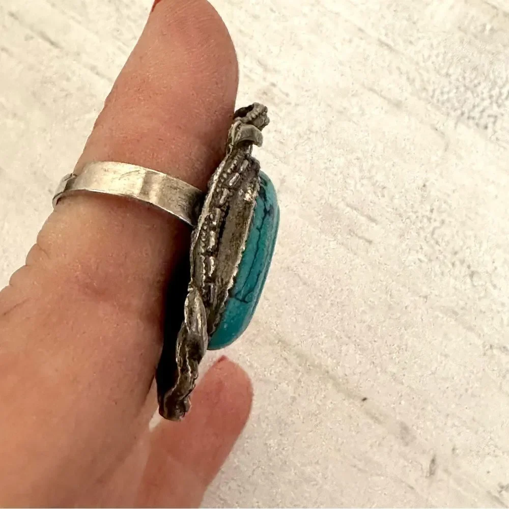 Turquoise tone silver tone adjustable ring